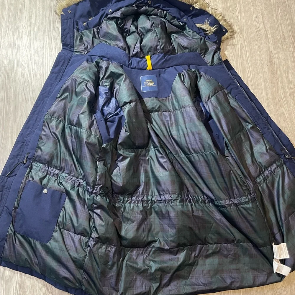 Polo by Ralph Lauren Navy Hooded Puffer Parka with Faux Fur Trim